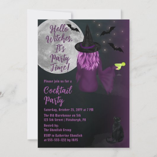 Invitation Hello Witches Halloween Cocktail Party (Devant)