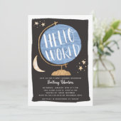Invitation Hello World Baby shower Blue Globe (Debout devant)