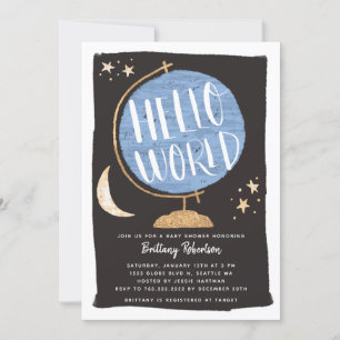 Invitation Hello World Baby shower Blue Globe