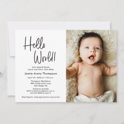 Invitation Hello World Modern Photo Meet & greet Baby Shower (Devant)