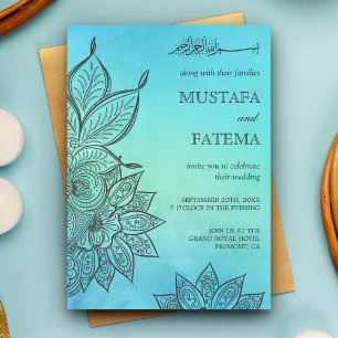 Invitation Henna islamique aquarelle bleue pour mariage