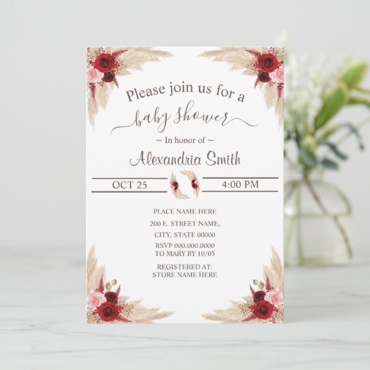 Invitation Herbe Boho Pampas | BABY SHOWER (Debout devant)