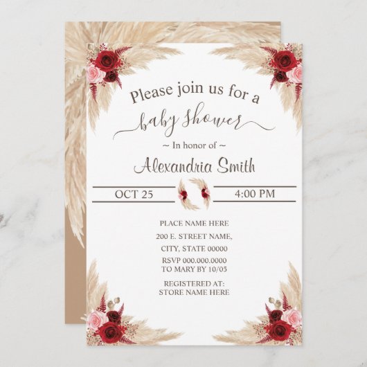 Invitation Herbe Boho Pampas | BABY SHOWER (Devant / Derrière)