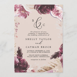 Invitation Herbe Boho Pampas   Pêcher le Mariage de monogramm