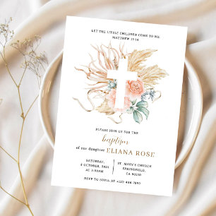 Invitation Herbe de la Pampa de baptême Rose Boho Croix