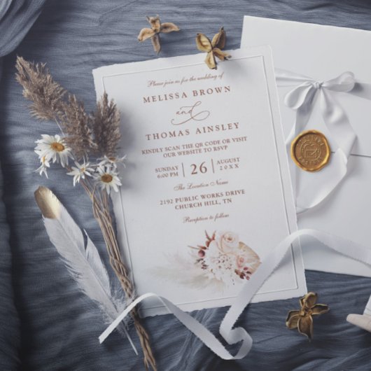 Invitation Herbe de Pampa Élégant Mariage Code QR Souple