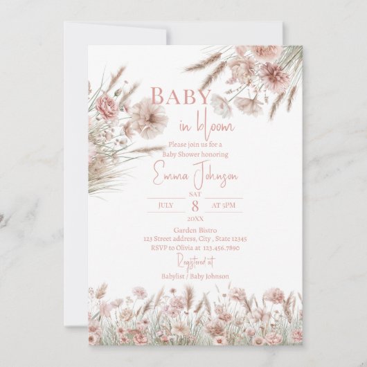 Invitation Herbe de Pampas Fleurie Rose (Devant)