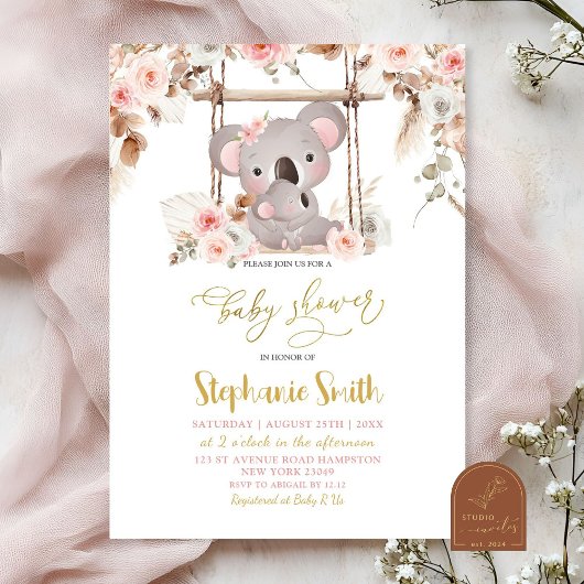Invitation Herbe de Pampas Rose Flore Koala Australien Bébé F