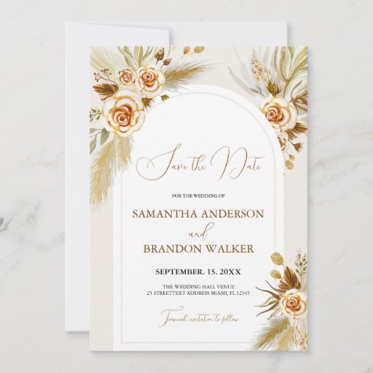 Invitation Herbe des Pampas aquarelle boho Save the Date (Devant)