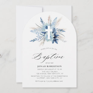 Invitation herbe des pampas bohème bleue florale croix baptêm