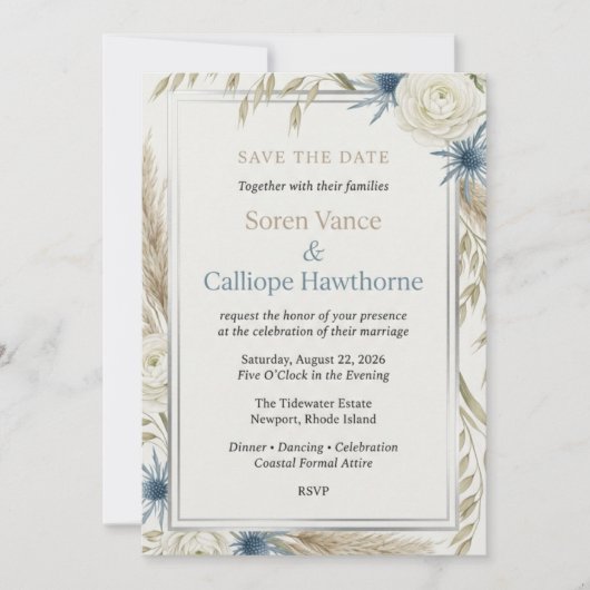 Invitation Herbe des Pampas Bohème, Chardon & Roses Blanches (Devant)