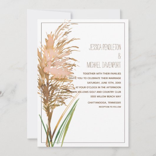 Invitation Herbe des Pampas Rustique sur Mariage Blanc (Devant)