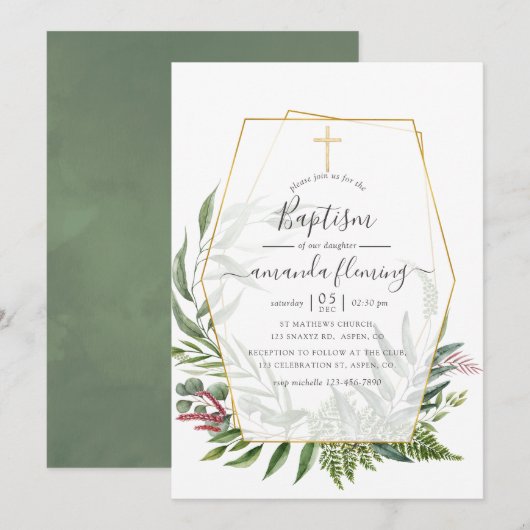 Invitation Herbier de forêt géométrique baptême (Devant / Derrière)