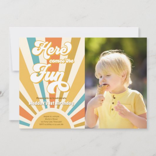 Invitation Here Comes The Fun Retro Boho Hippie Boy Birthday (Devant)