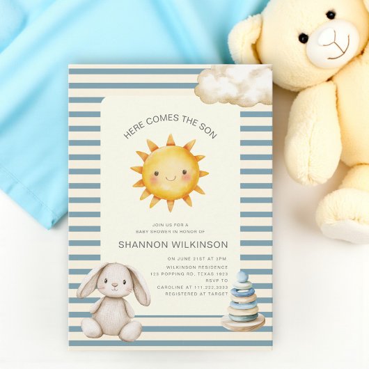 Invitation Here comes the son blue cream stripes baby shower