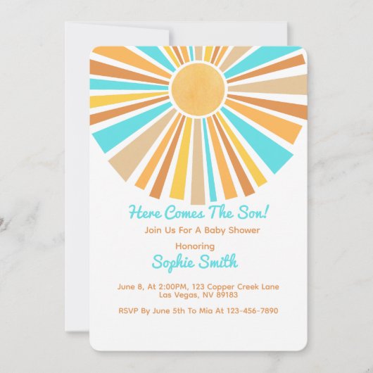 Invitation Here Comes The Son, Retro Boho Rainbow (Devant)