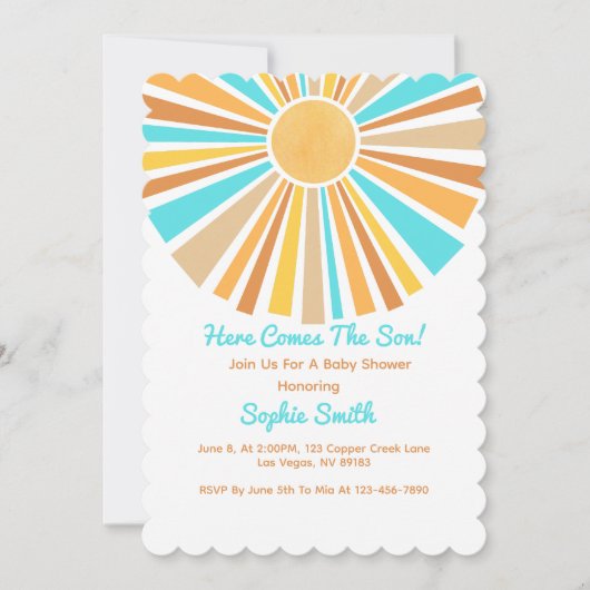 Invitation Here Comes The Son, Retro Sunshine Boho Rainbow (Devant)