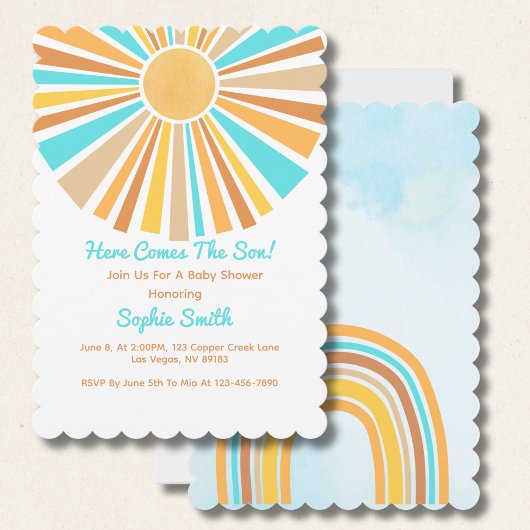 Invitation Here Comes The Son, Retro Sunshine Boho Rainbow