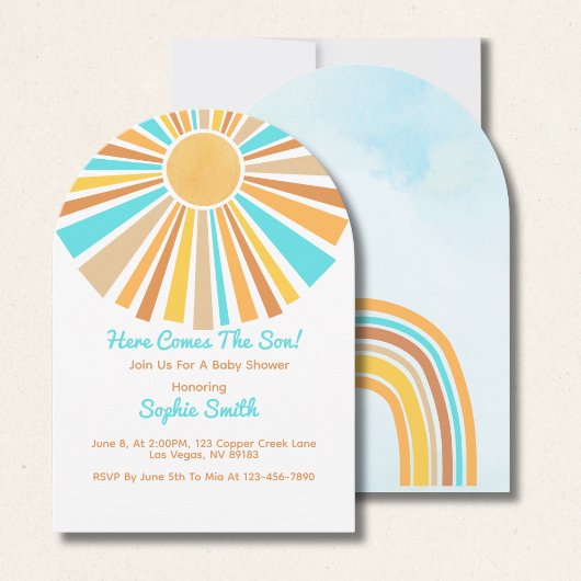 Invitation Here Comes The Son, Retro Sunshine Orange Blue 