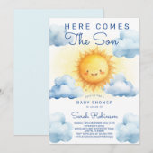 Invitation Here comes the son Watercolor Baby boy shower (Devant / Derrière)