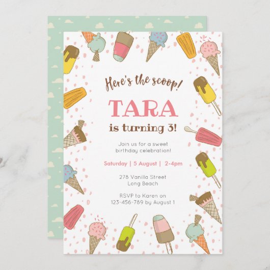 Invitation Heres l'invitation d'anniversaire de crème glacée (Devant / Derrière)