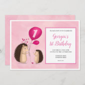 Invitation Hérisson avec ballon - 1er anniversaire - rose (Devant / Derrière)