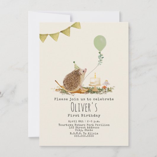 Invitation Hérisson Champignon Balloon Forêt Premier annivers (Devant)