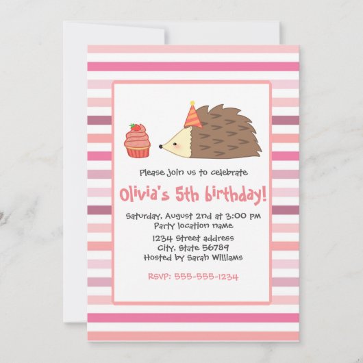Invitation Hérisson du parti et gâteau (Devant)