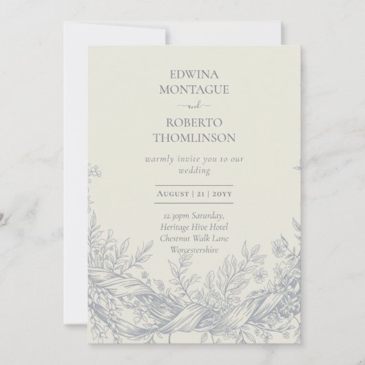 Invitation Heritage Blue Botanical Engraved Elegant Wedding (Devant)