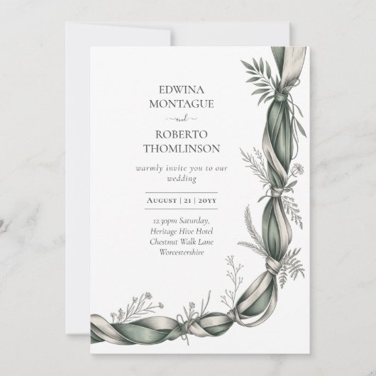 Invitation Heritage Botanical Ribbon Twist Elegant Green Wedd (Devant)