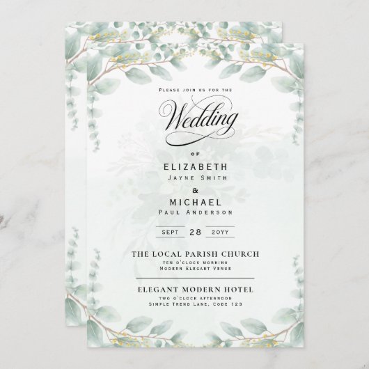 Invitation Heritage Eucalyptus Leaves Botanical RSVP Wedding (Devant / Derrière)