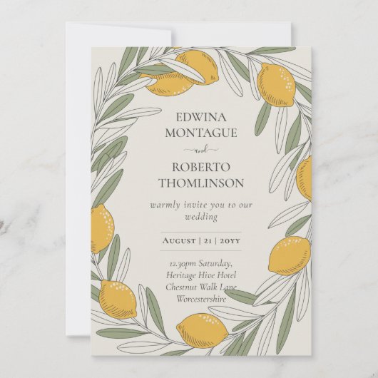 Invitation Heritage Lemon Olive Wreath Mediterranean Wedding (Devant)