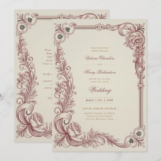 Invitation Héritage | Mariage à l'anglaise victorien burgundy (Devant / Derrière)