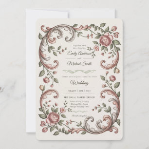 Invitation Héritage Mariage Floral Rococo au ton rose victo