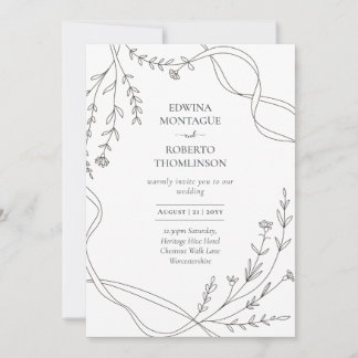 Invitation Heritage Minimal Line Art Ribbon & Wildflower Wed