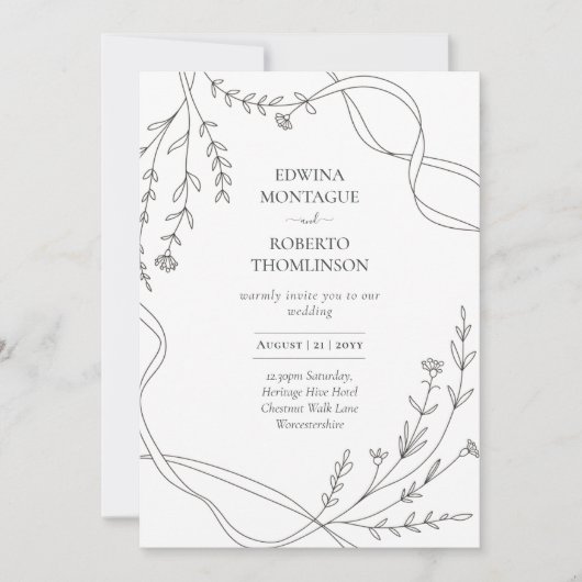 Invitation Heritage Minimal Line Art Ribbon & Wildflower Wed (Devant)