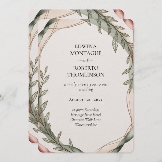Invitation Heritage Olive Wreath Botanical Wedding (Devant / Derrière)