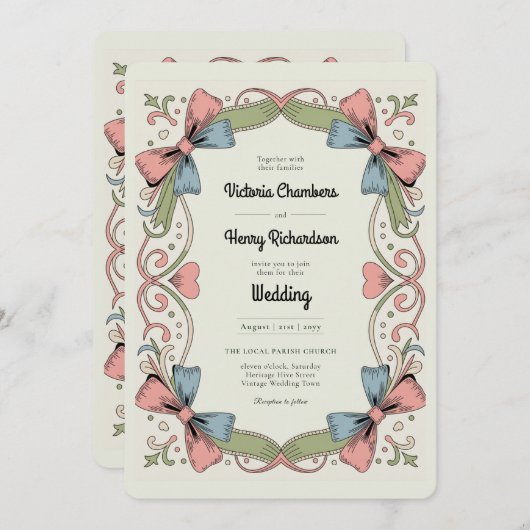 Invitation Heritage Retro 1950s Rockabilly Pastel Bow Wedding (Devant / Derrière)