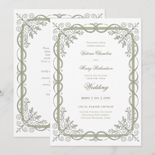 Invitation Héritage | Ruban Édouardien aux motifs de sauge (Devant / Derrière)