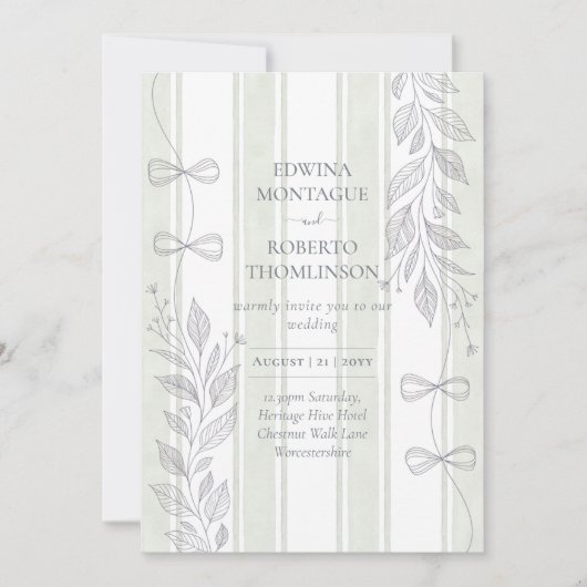 Invitation Heritage Sage Botanical Ribbon Line Bows Wedding (Devant)