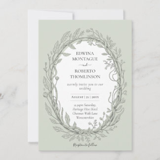 Invitation Heritage Sage Green Botanical Wreath Elegant Weddi