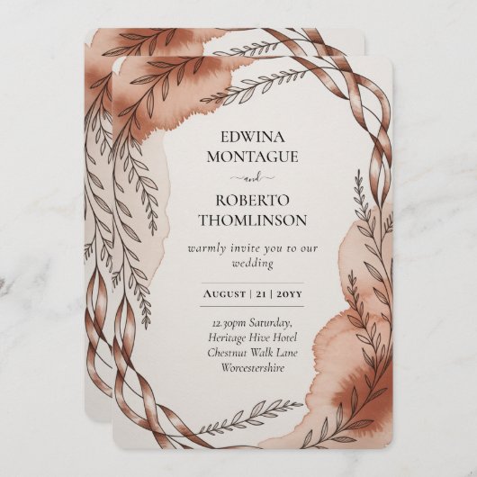 Invitation Heritage Terracotta Ribbon Botanical Wedding (Devant / Derrière)