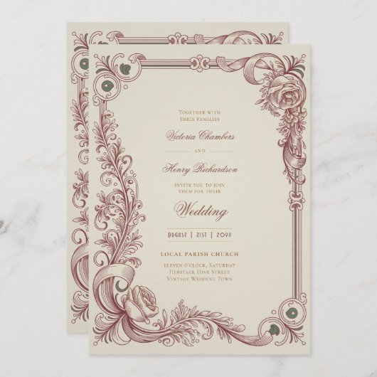 Invitation Heritage | Victorian Burgundy Scrollwork Wedding (Devant / Derrière)