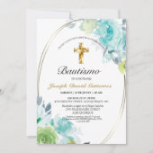 INVITATION HERMOSO BAUTIZO BEBÉ CRUZADO DE ORO FLORAL AZUL (Devant)