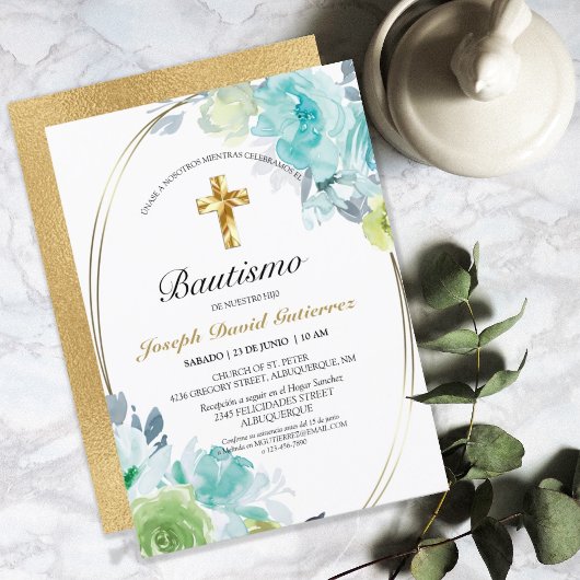 INVITATION HERMOSO BAUTIZO BEBÉ CRUZADO DE ORO FLORAL AZUL