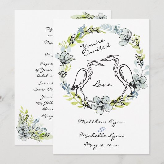 Invitation Heron Bird Couple et Flower Wreath Wedding Invitat (Devant / Derrière)