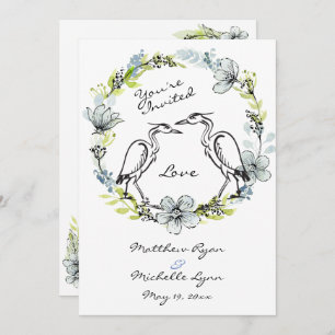 Invitation Heron Bird Couple et Flower Wreath Wedding Invitat