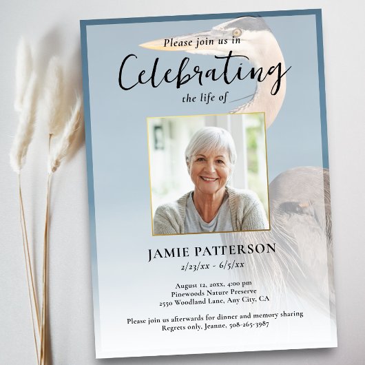 Invitation Heron Bird Lover Celebration of Life Photo Funeral