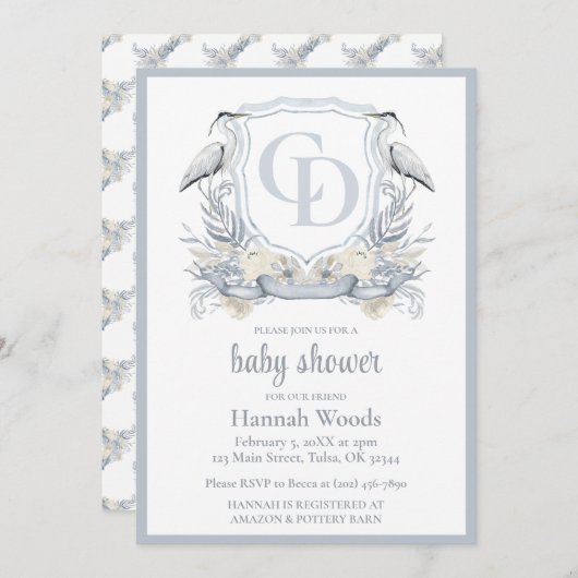 Invitation Heron Interlocking Monogram Baby Shower (Devant / Derrière)