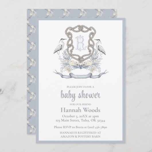 Invitation Heron Rope Monogram Baby Shower (Devant / Derrière)
